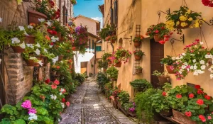 vicolo fiorito a Spello, Umbria