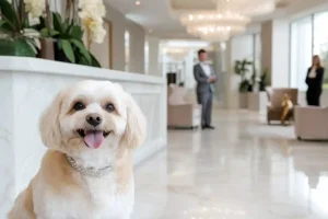 cane seduto alla reception di un hotel