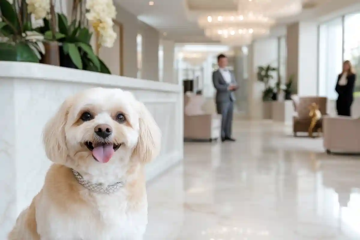 cane seduto alla reception di un hotel
