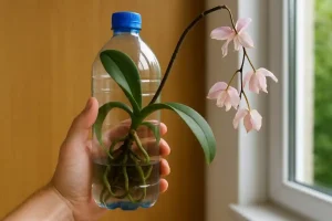 orchidea appassita in bottiglia d'acqua
