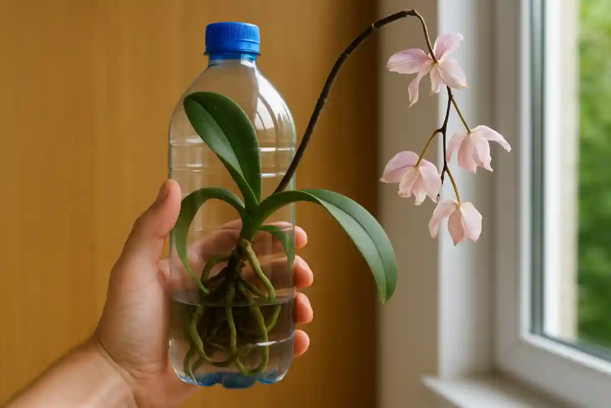 orchidea appassita in bottiglia d'acqua