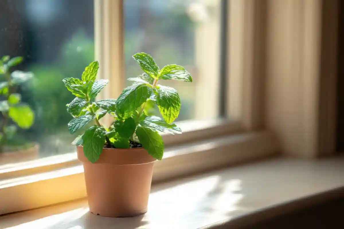 menta fresca in vaso su davanzale della finestra