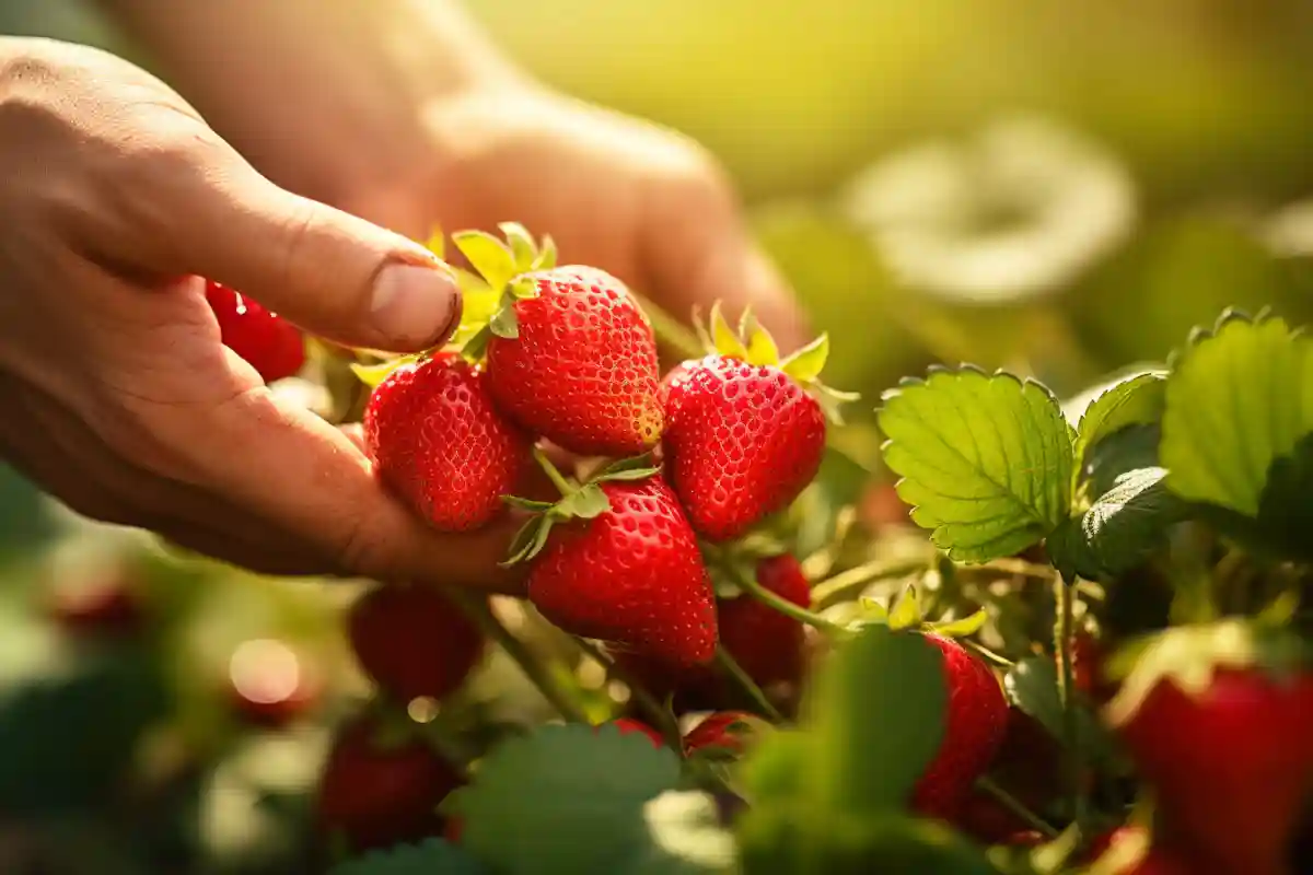 donna raccoglie fragole in giardino